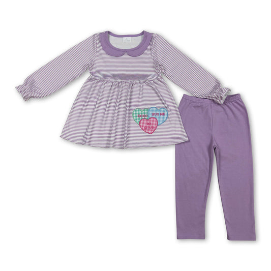 Stripe heart embroidery lavender tunic girls Valentine's outfits