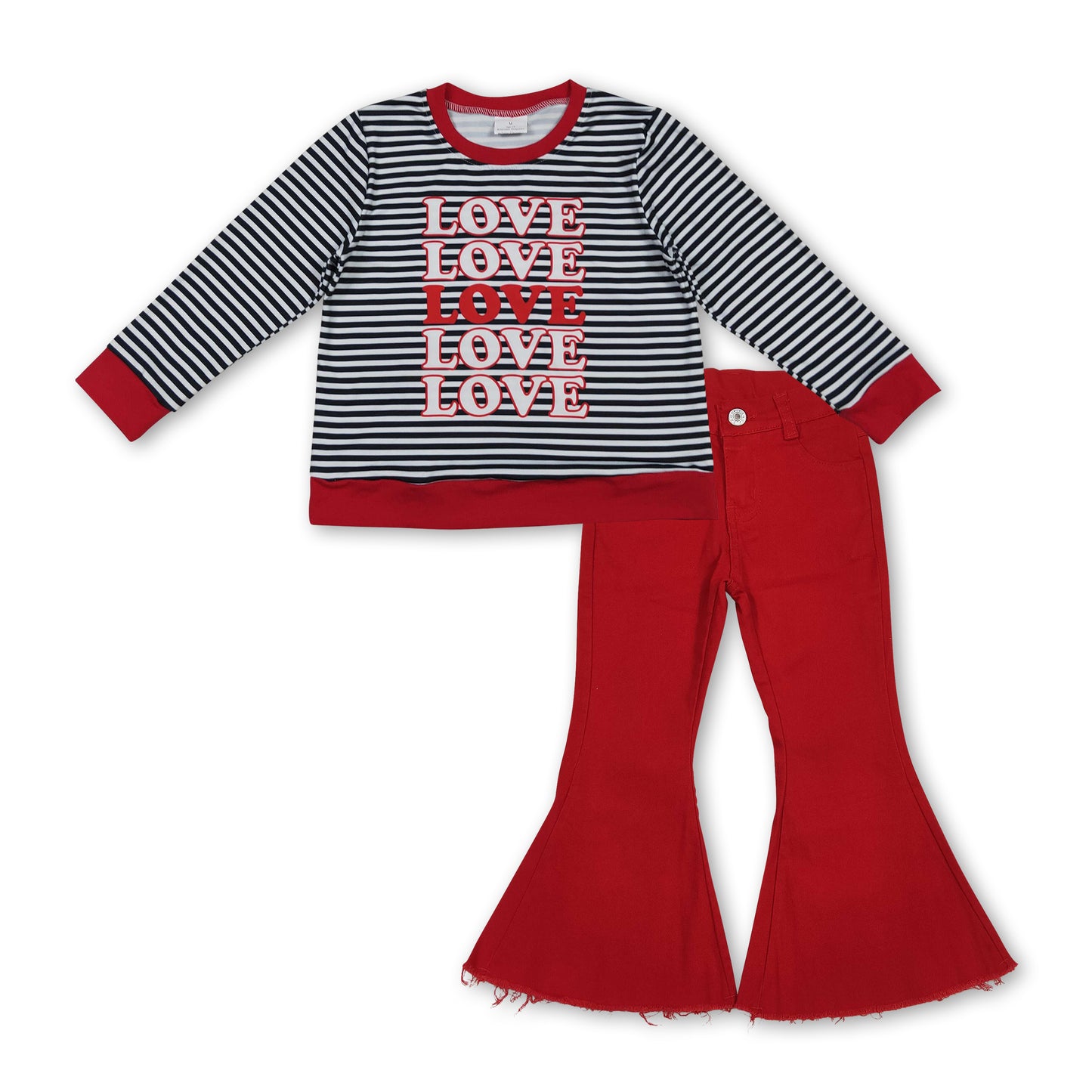 Love stripe top red jeans girls Valentine's clothing set
