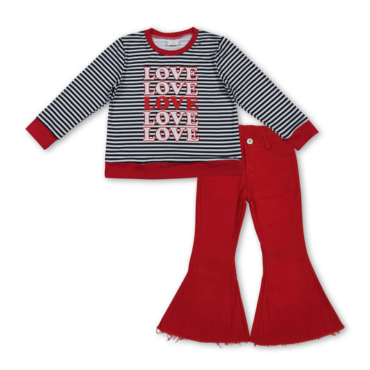 Love stripe top red jeans girls Valentine's clothing set