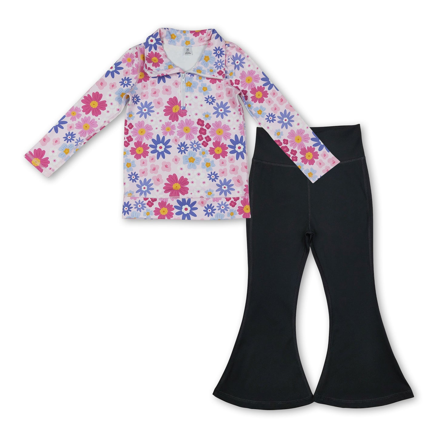 Floral zipper pullover black pants girls active yoga set