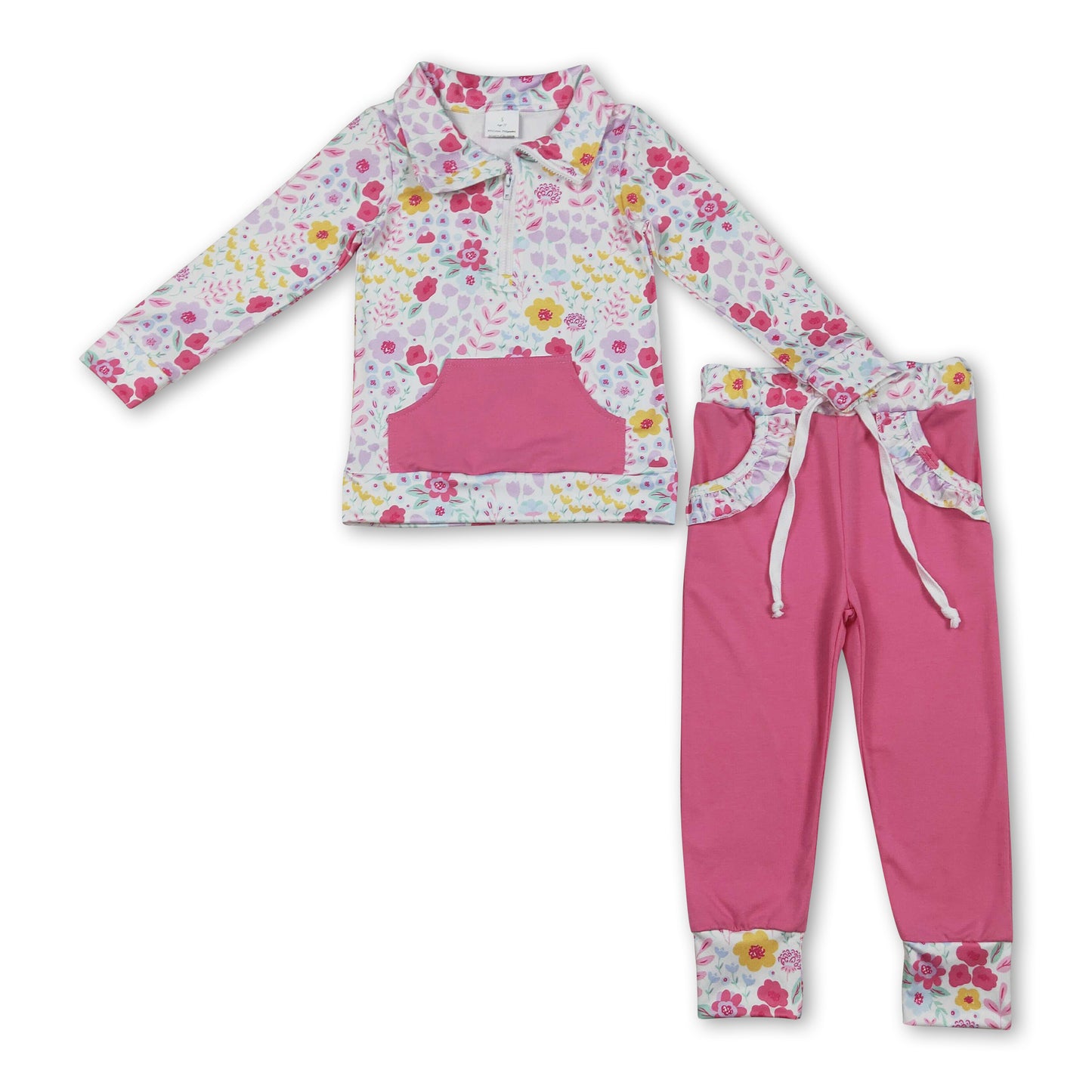 Long sleeves floral pullover pockets pants girls outfits