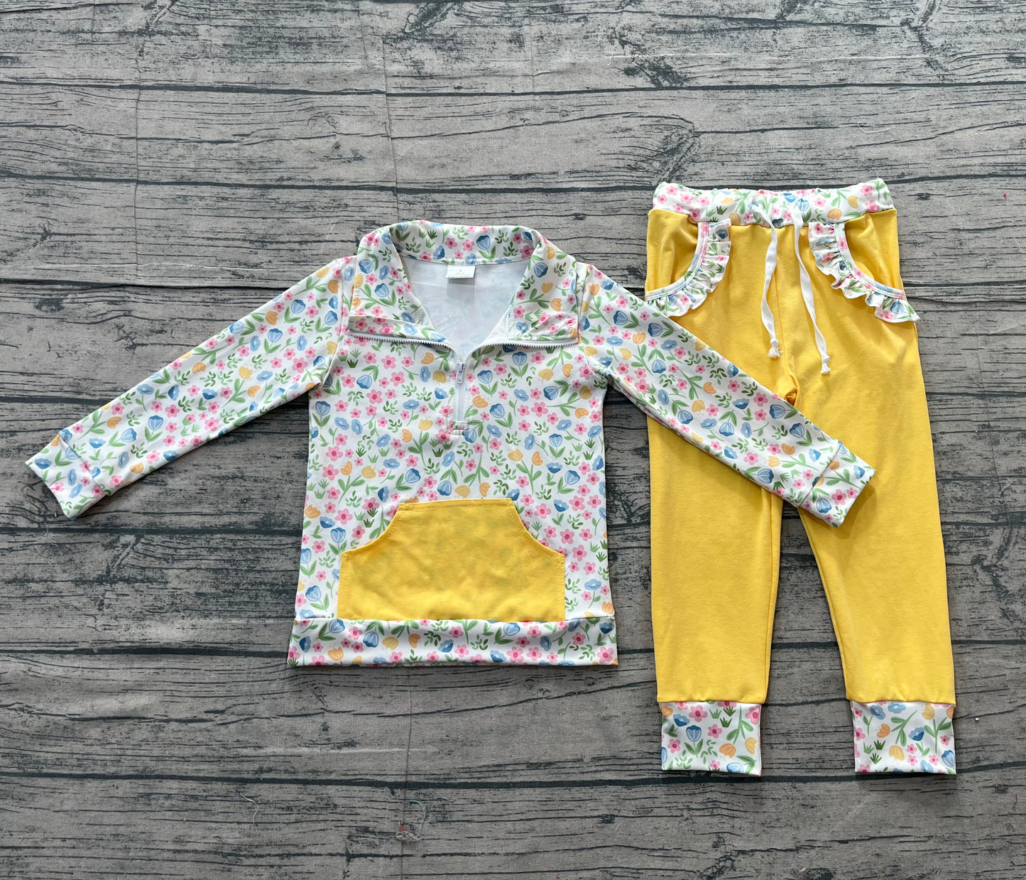 Floral pullover pockets yellow pants girls outfits