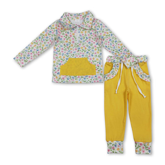 Floral pullover pockets yellow pants girls outfits