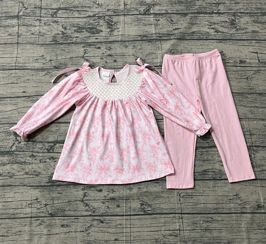 Long sleeves pink bow floral tunic leggings girls outfits