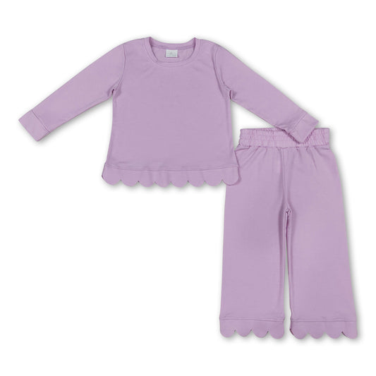 Cotton long sleeves scallop girls fall pajamas set
