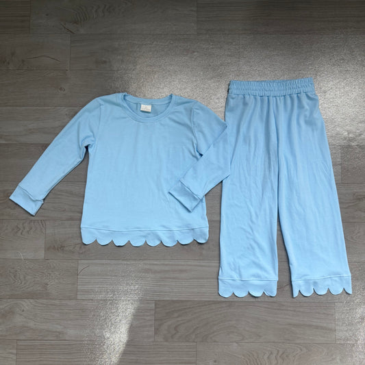 Light blue cotton long sleeves scallop girls pajamas set