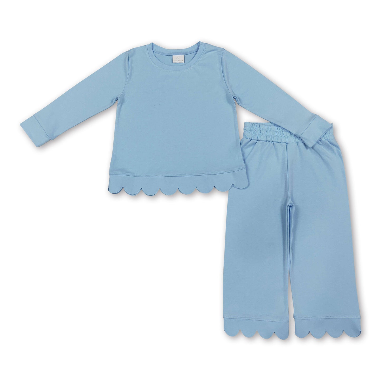 Light blue cotton long sleeves scallop girls pajamas set