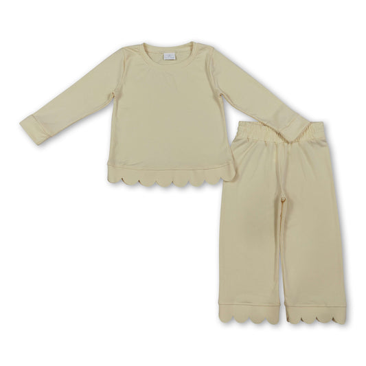 Yellow cotton long sleeves scallop girls fall pajamas set