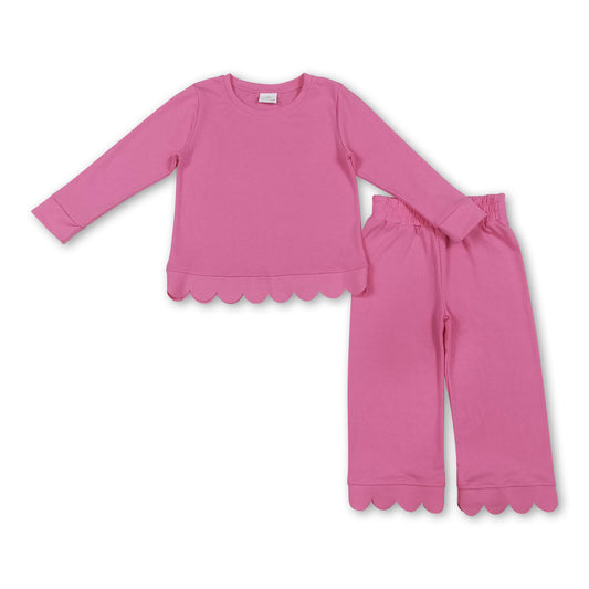 Hot pink cotton long sleeves scallop girls pajamas set