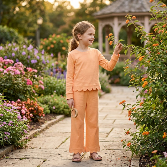 Orange long sleeves scallop top pants kids girls outfits