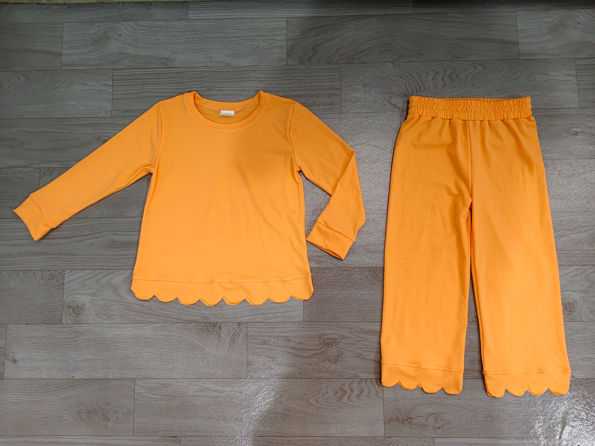 Orange long sleeves scallop top pants kids girls outfits
