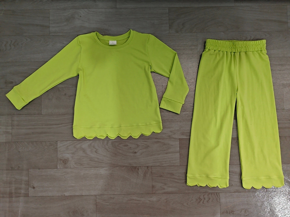 Mint green long sleeves scallop top pants kids girls outfits