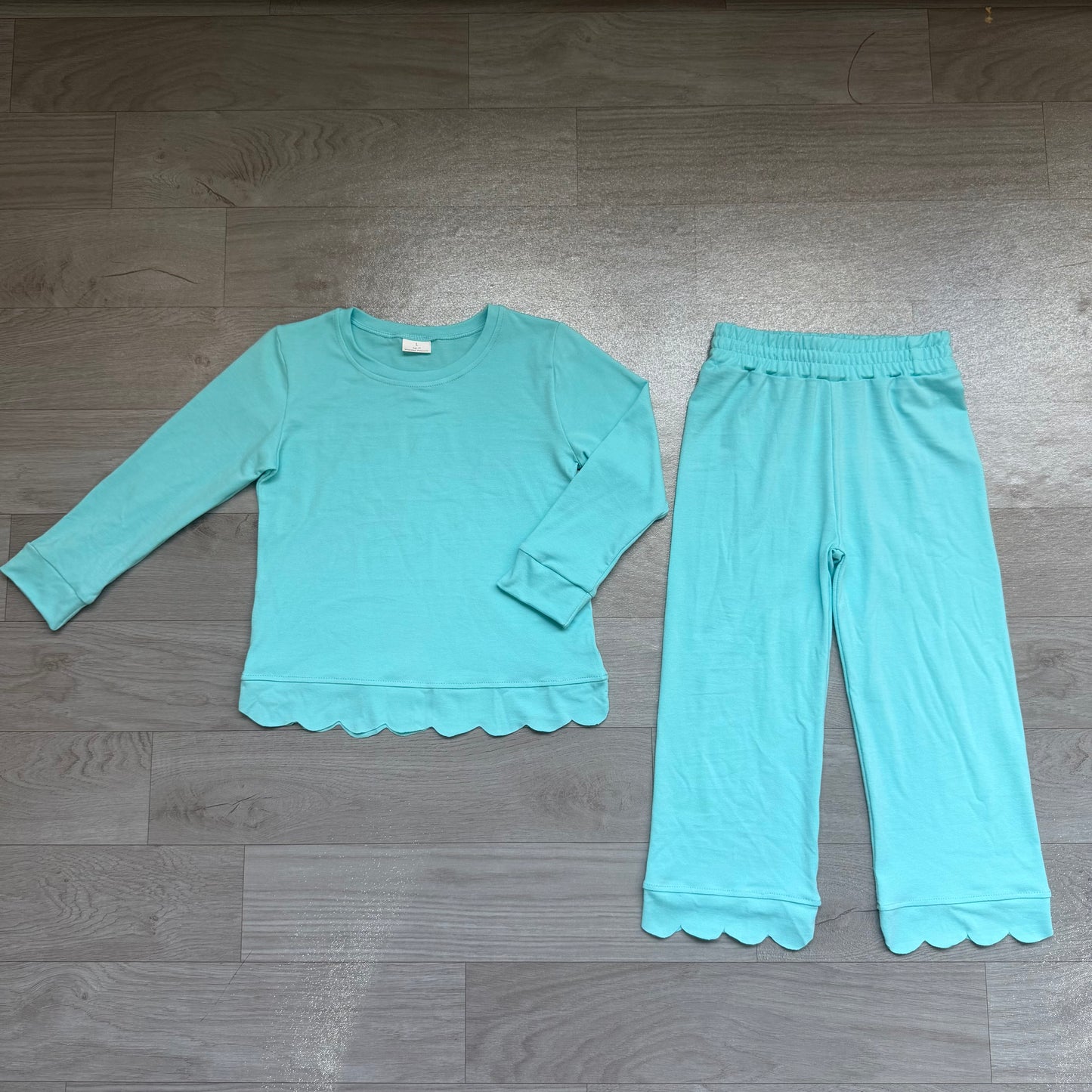 Aqua cotton long sleeves scallop girls fall pajamas set