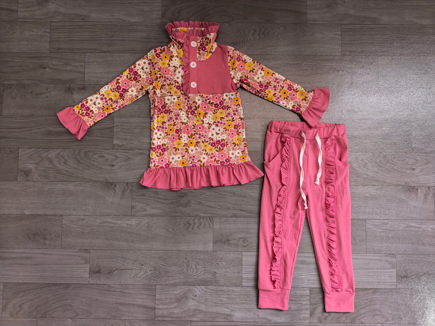 Long sleeves floral pullover ruffle pants girls fall clothes