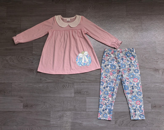 Floral pumpkin bow embroidery tunic leggings girls fall outfits