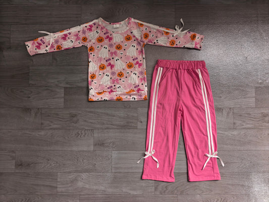 Ghost pumpkin bow top cotton pants girls Halloween set