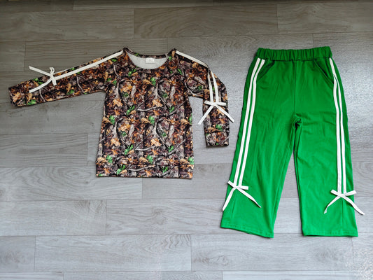 Leaves camo top green cotton pants girls fall outfits