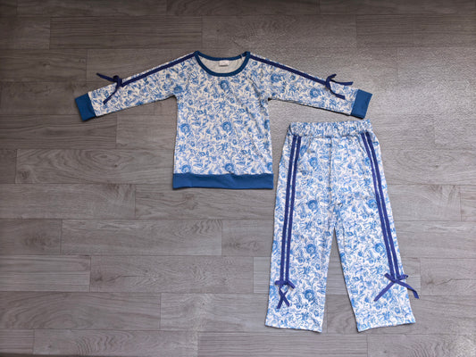 Long sleeves blue floral top pants kids girls outfits