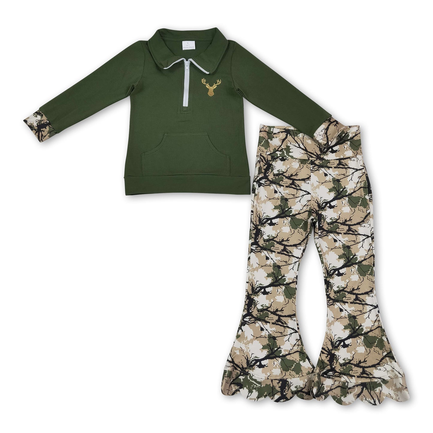 Cotton deer embroidery pullover scallop pants girls outfits