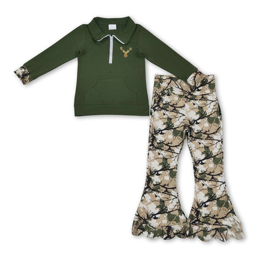 Cotton deer embroidery pullover scallop pants girls outfits