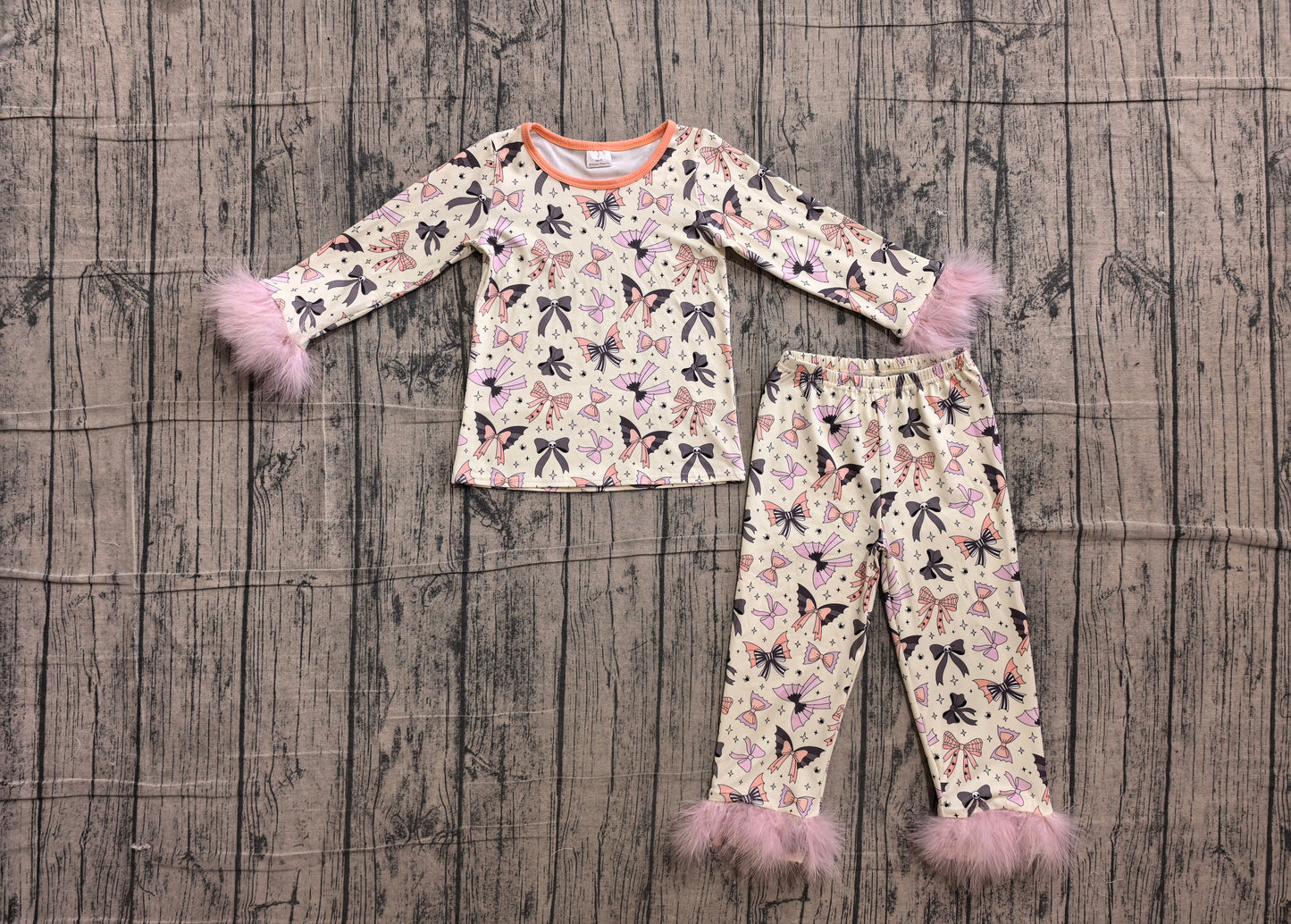 Pink black bow fur sleeves girls Halloween pajamas