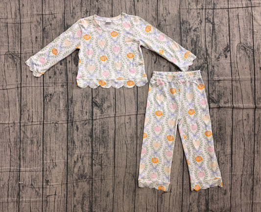 Long sleeves pumpkin floral bow scallop girls fall outfit