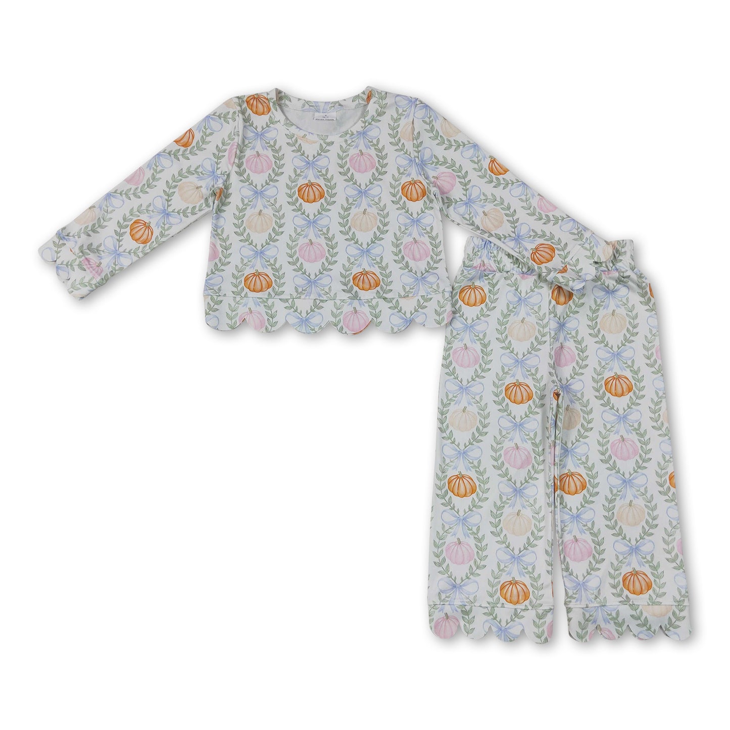Long sleeves pumpkin floral bow scallop girls fall outfit