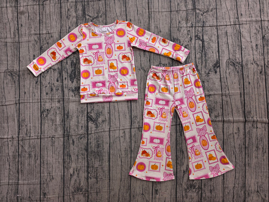 Pink bow pumpkin top pants girls fall clothing set