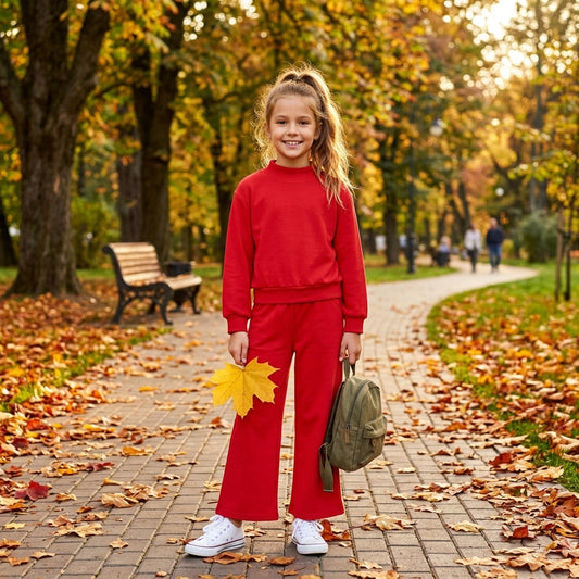 Long sleeves red cotton top pants kids girls outfits