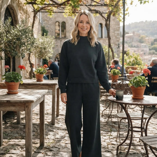 Long sleeves black cotton mock neck top pants adult women outfits
