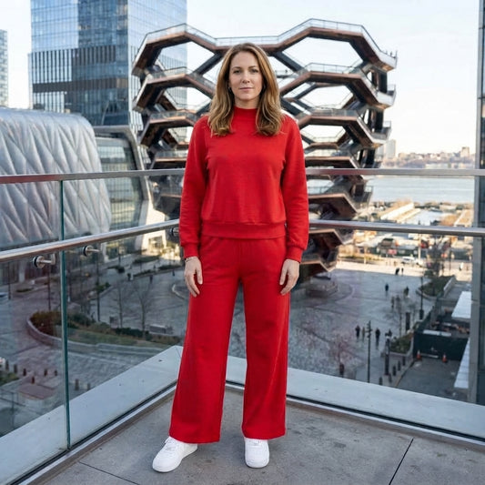 Long sleeves red cotton mock neck top pants adult women outfits