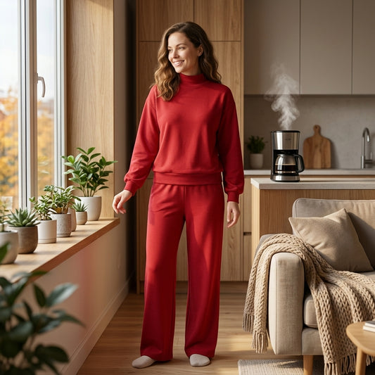 Long sleeves dark red mock neck cotton top pants adult women outfits