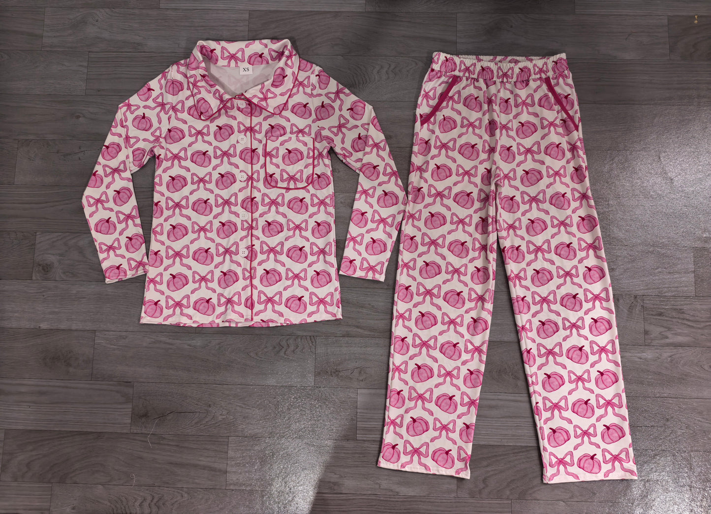 Pink bow pumpkin adult women button down fall pjs