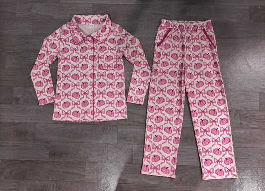 Pink bow pumpkin adult women button down fall pjs