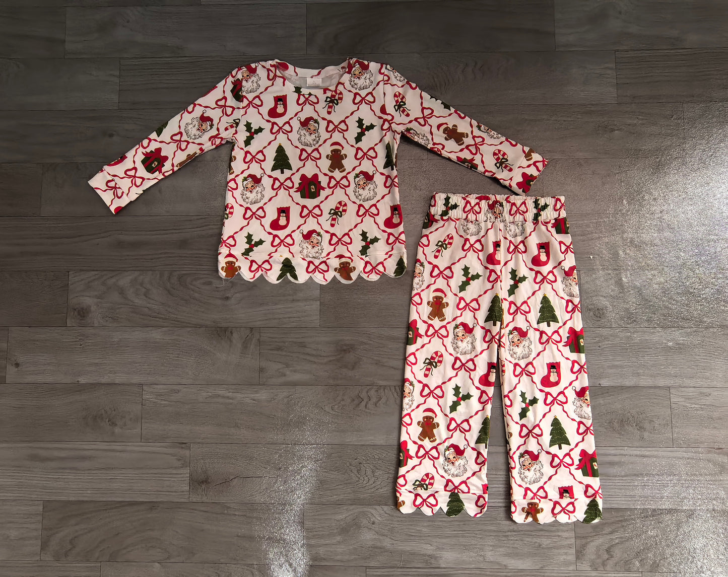 Long sleeves santa bow scallop kids girls Christmas outfit