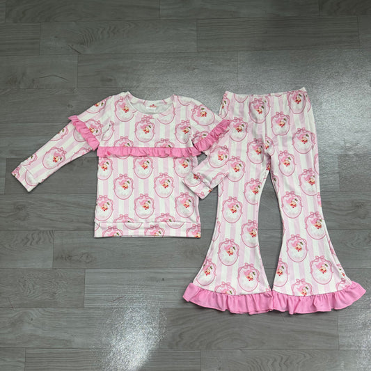 Pink ruffle stripe santa bow kids girls Christmas outfits