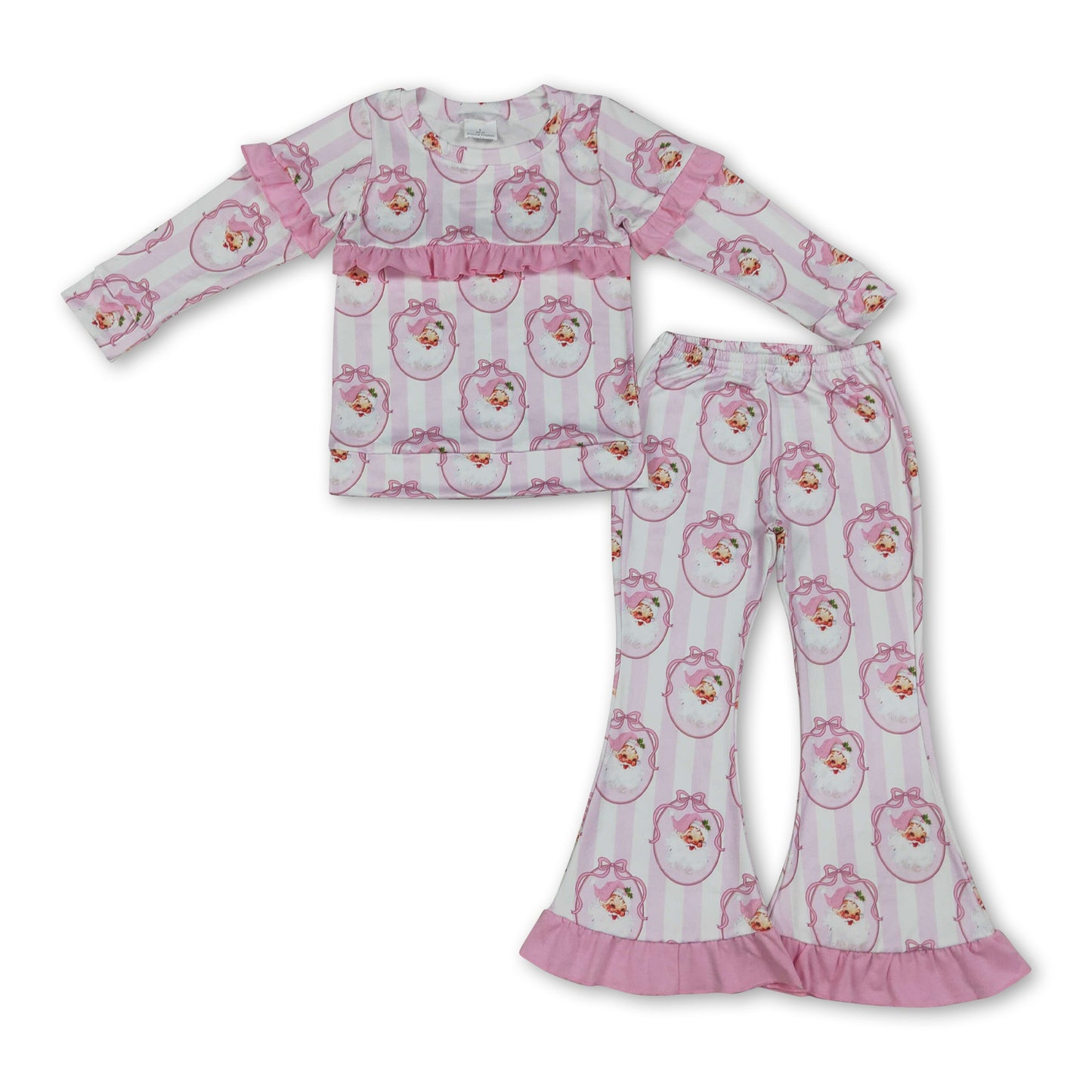 Pink ruffle stripe santa bow kids girls Christmas outfits