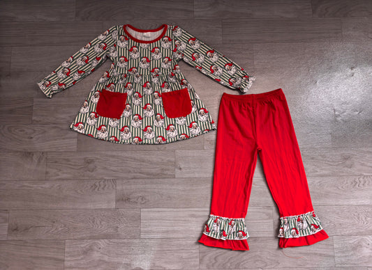 Stripe santa tunic red ruffle pants girls Christmas set