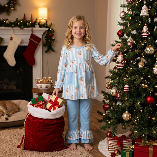 Stripe santa tunic light blue ruffle pants girls Christmas set