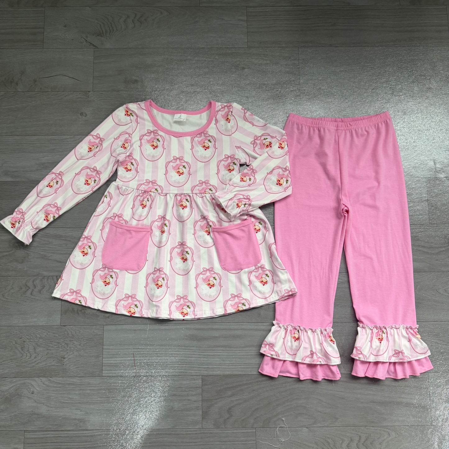 Pink stripe santa bow tunic pants kids girls Christmas outfits