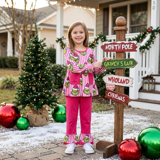 Stripe green face tunic pants girls Christmas outfits