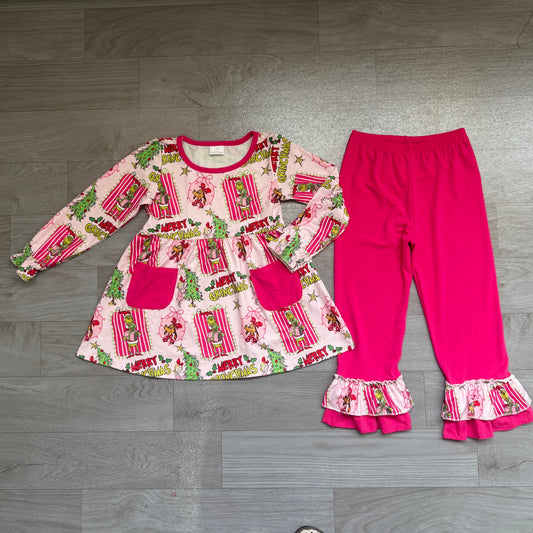 Green face bow tunic hot pink pants girls Christmas outfit