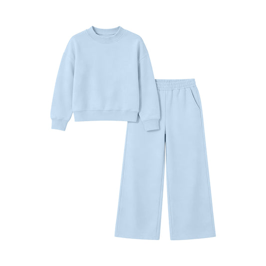 Long sleeves light blue cotton top pants kids girls outfits