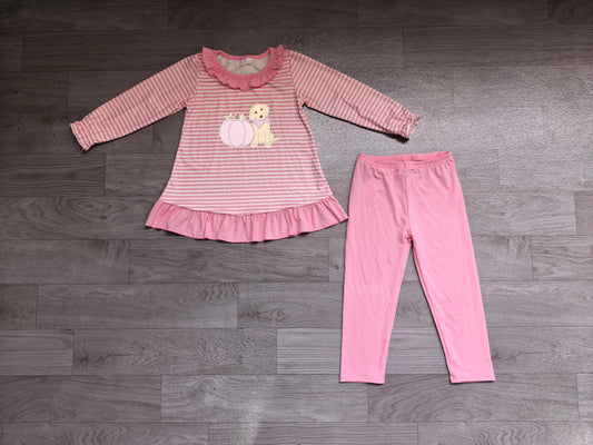 Pumpkin dog embroidery top leggings girls fall clothes