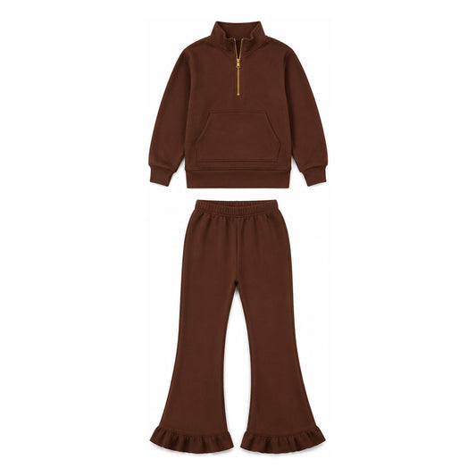 Dark brown pocket pullover ruffle pants girls sweatshirt outfits