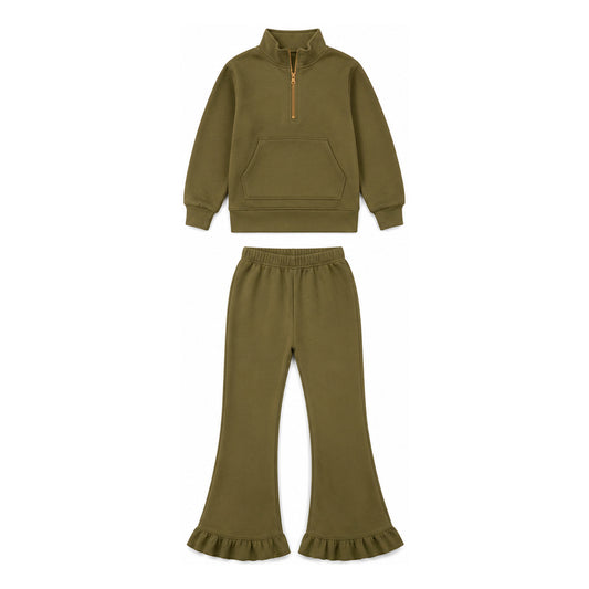 Olive brown pocket pullover ruffle pants girls sweatshirt outfits
