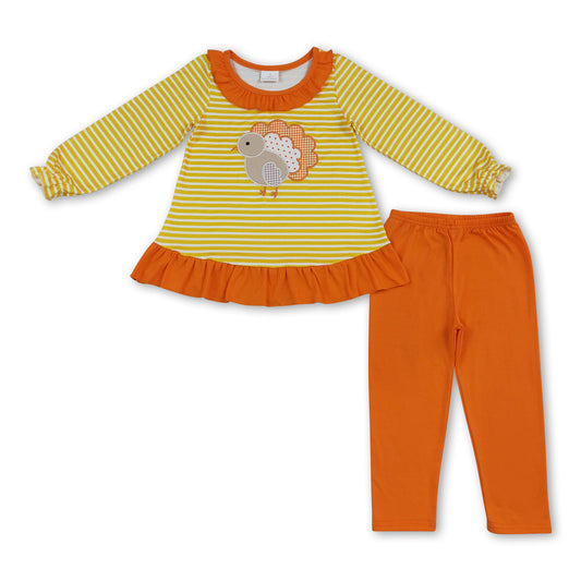 Turkey embroidery stripe top leggings girls Thanksgiving set