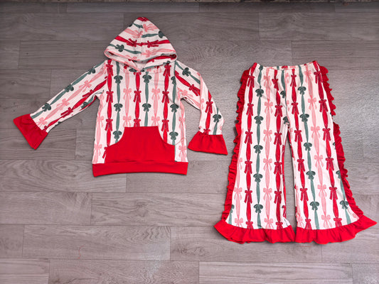 Red green bow hoodie ruffle pants girls Christmas set