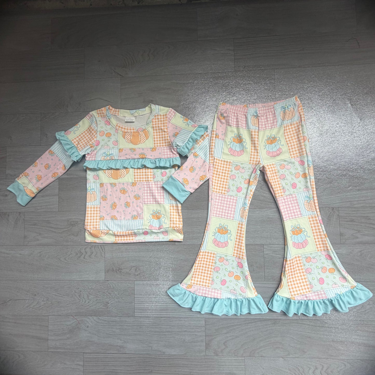 Ruffle pumpkin bow paid top pants girls fall outfits