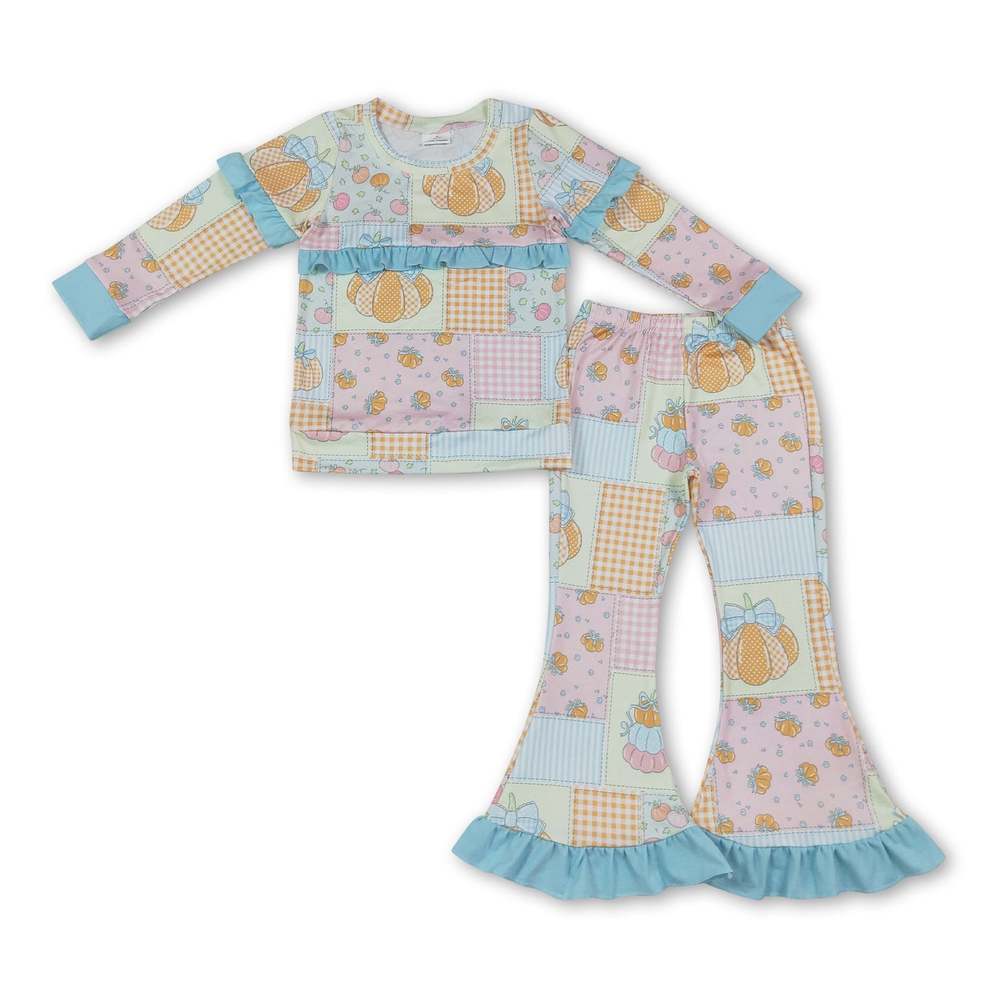 Ruffle pumpkin bow paid top pants girls fall outfits